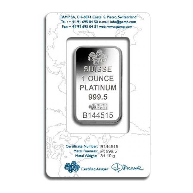 1 Ounce Platinum Bar — PAMP Fortuna (In Assay) — reverse of the assay card, representative image