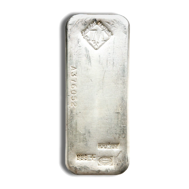 100 Ounce Silver Bar — Johnson Matthey — representative image
