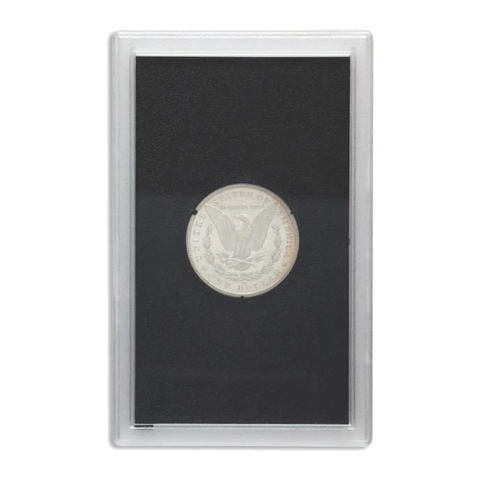 1885-CC Morgan Silver Dollar in GSA Holder — reverse of the holder, representative image