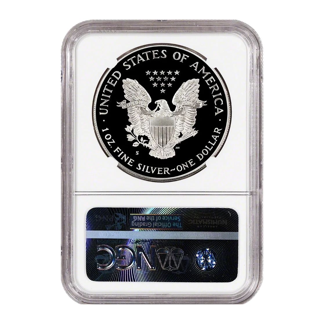 1989-S American Eagle One Ounce Silver Proof Coin — Proof 70 — reverse of the holder, representative image
