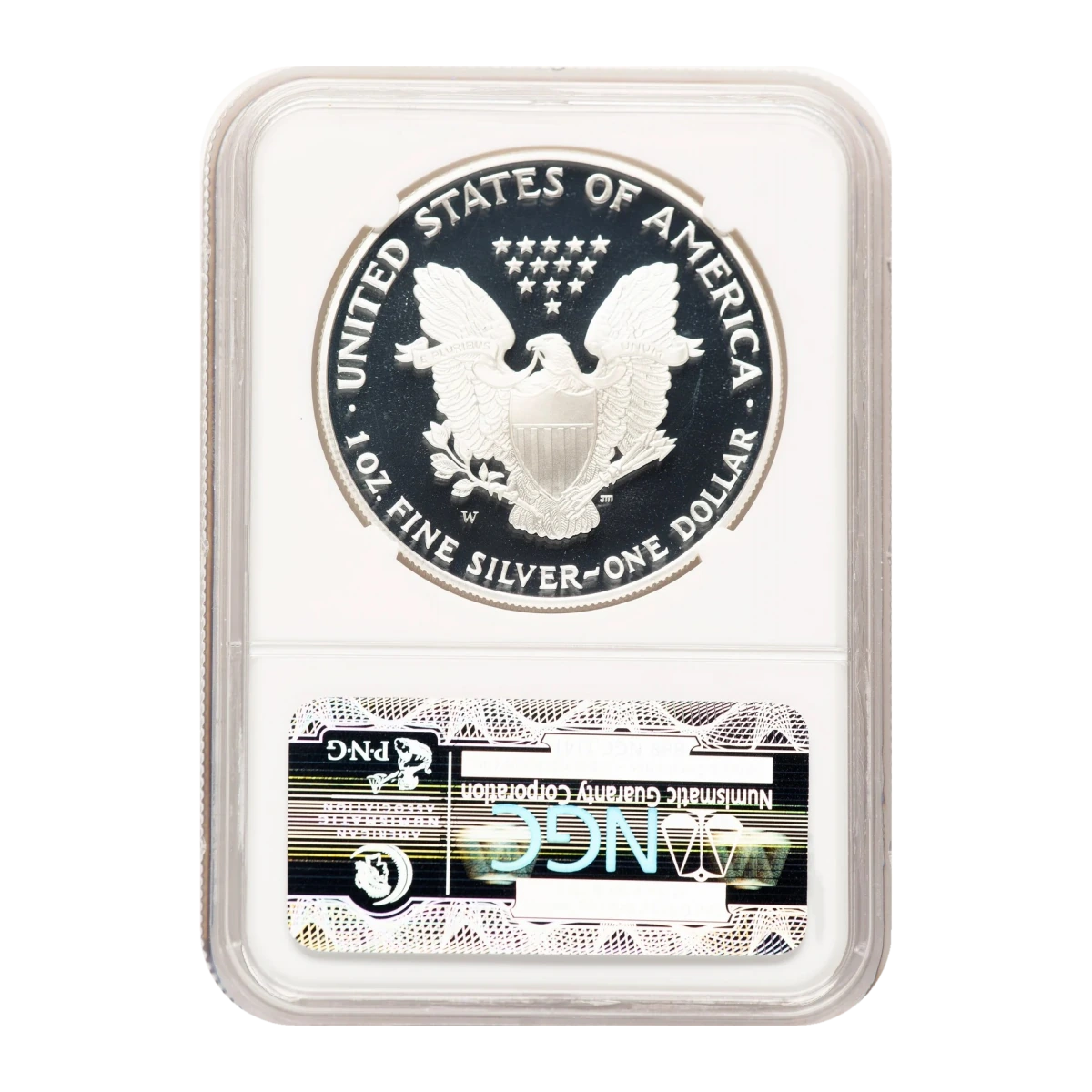 1995-W American Eagle One Ounce Silver Proof Coin — Proof 70 — reverse of the holder, representative image