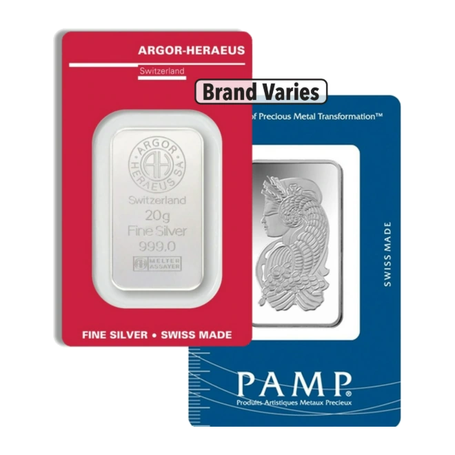 20 Gram Silver Bar — Brand Varies (In Assay) — representative image