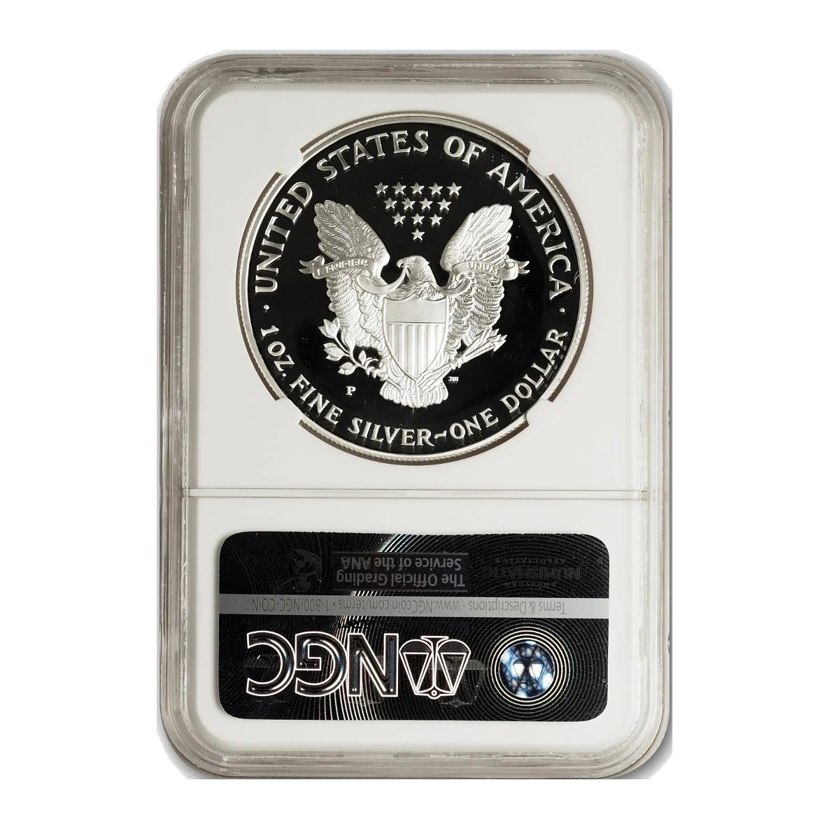 2000-P American Eagle One Ounce Silver Proof Coin — Proof 70 — reverse of the holder, representative image