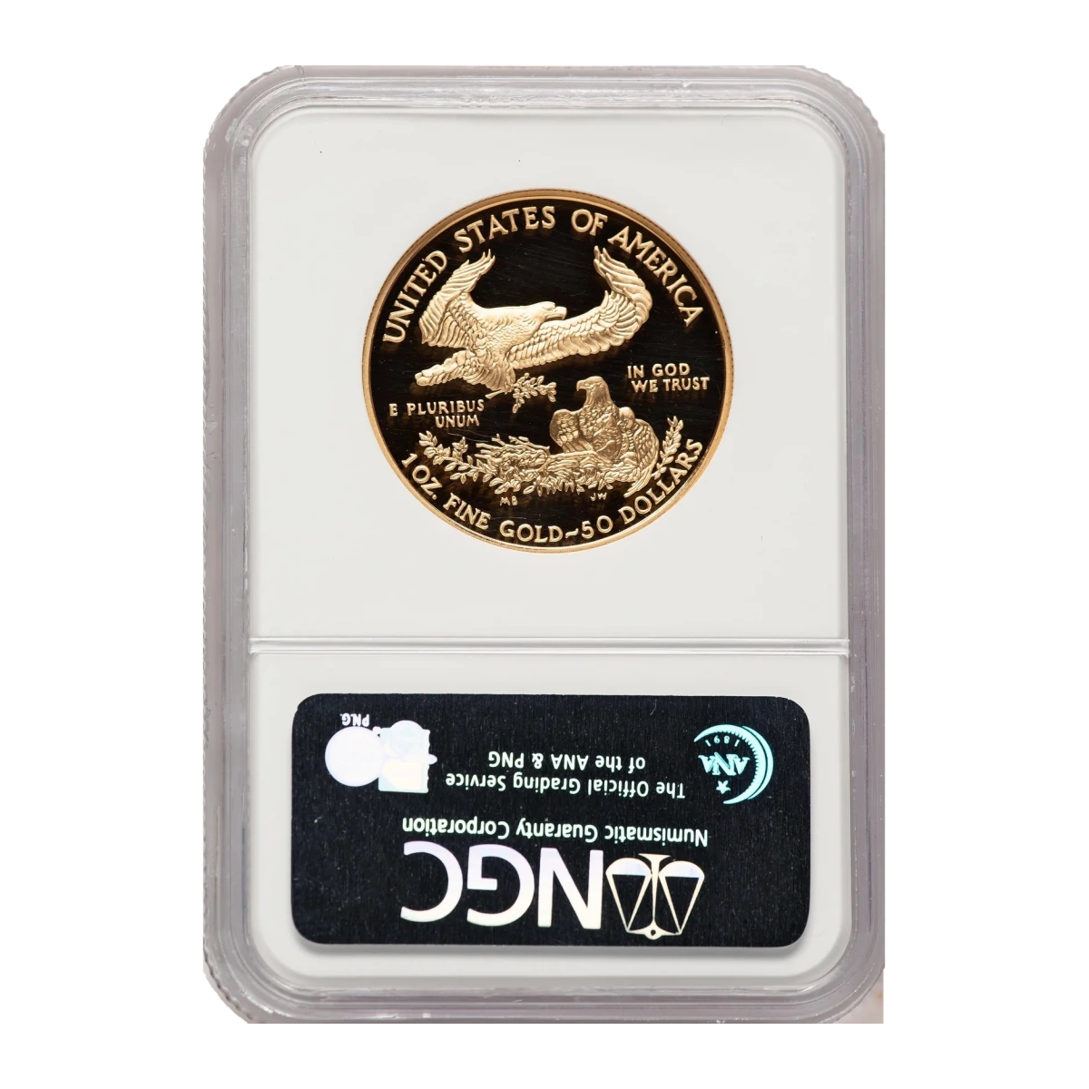 2001 American Eagle One Ounce Gold Proof Coin — Proof 70 — reverse of the holder, representative image