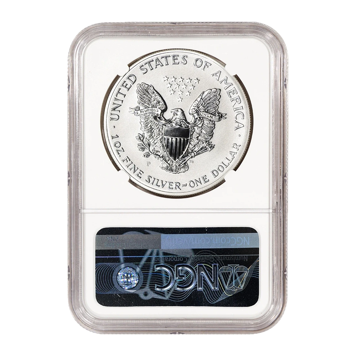 2006-P American Eagle One Ounce Silver Reverse Proof Coin — Proof 70 — reverse of the holder, representative image