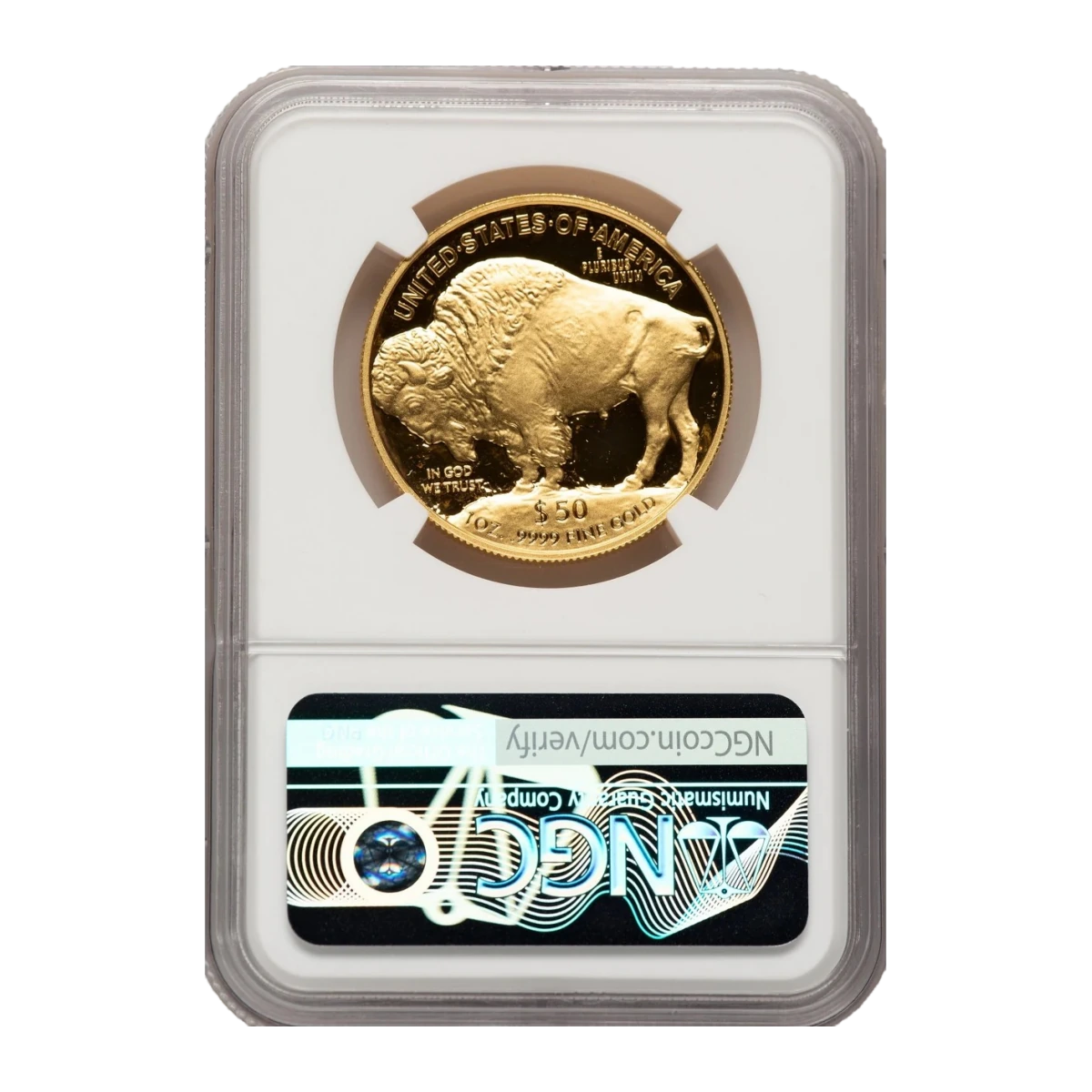 2010 American Buffalo One Ounce Gold Proof Coin — Proof 70 — reverse of the holder, representative image