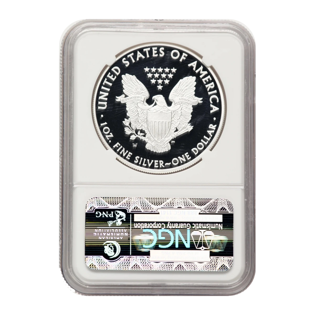2011-W American Eagle One Ounce Silver Proof Coin — Proof 70 — reverse of the holder, representative image