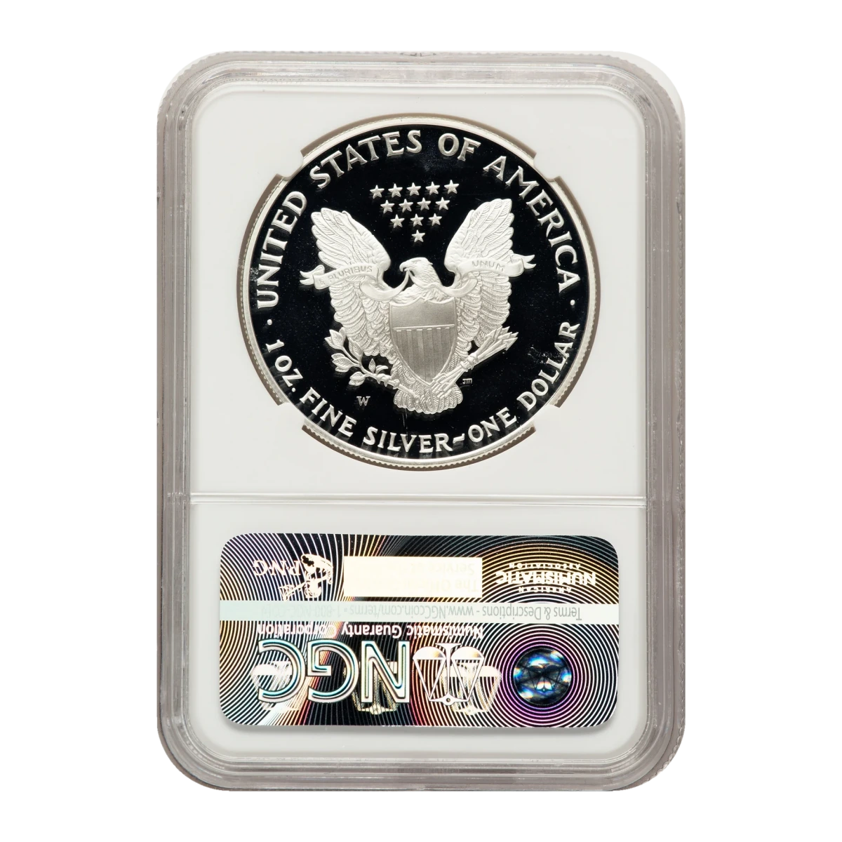 2014-W American Eagle One Ounce Silver Proof Coin — Proof 70 — reverse of the holder, representative image