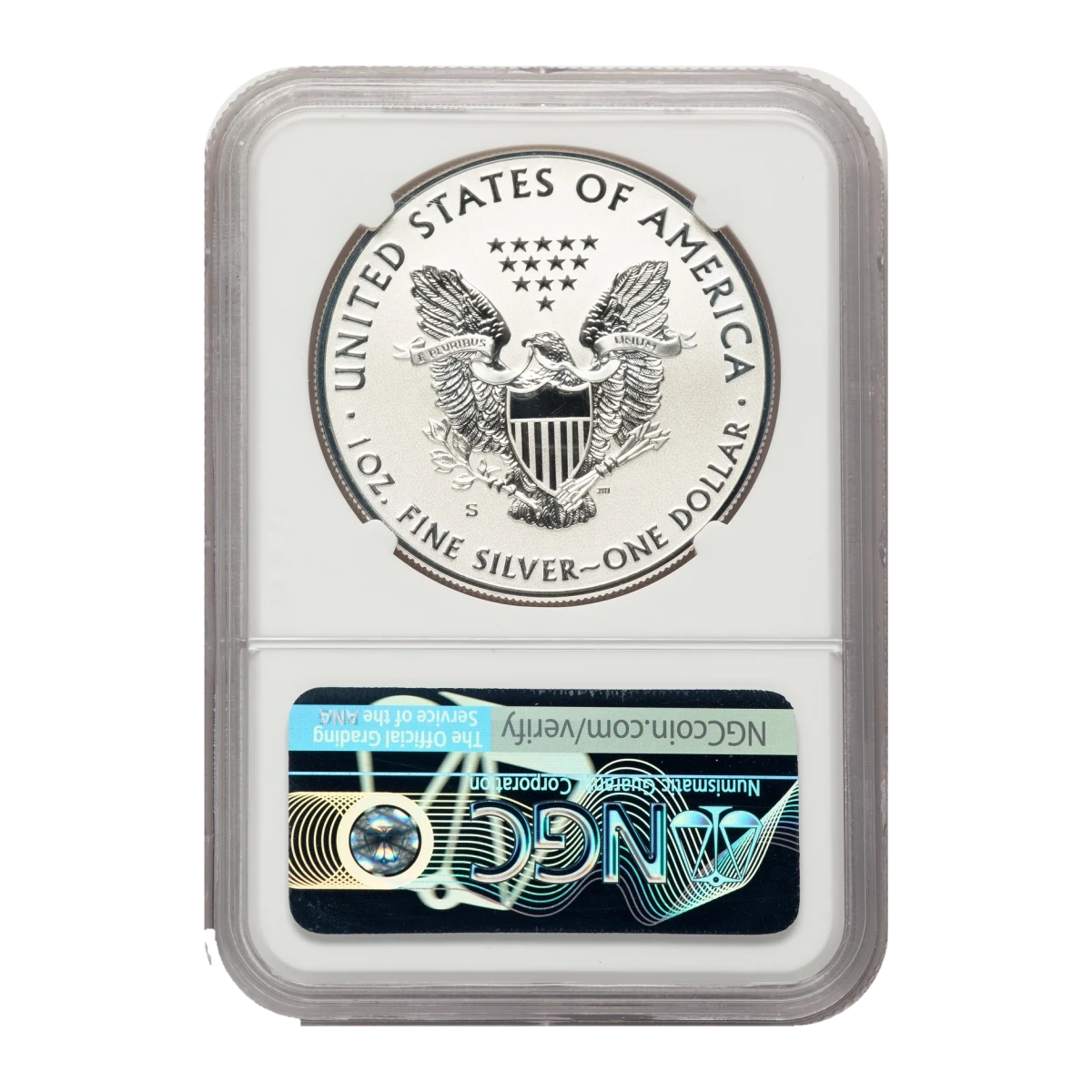 2019-S American Eagle One Ounce Silver Enhanced Reverse Proof Coin — Proof 70 — reverse of the holder, representative image
