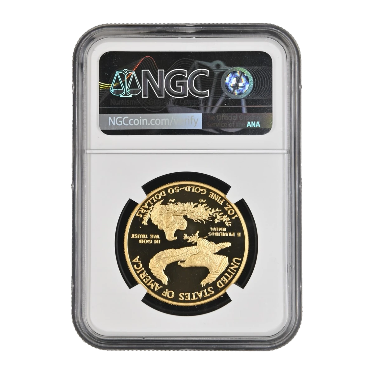 2020 American Eagle One Ounce Gold Proof Coin (V75 Privy Mark) — Proof 70 — reverse of the holder, representative image