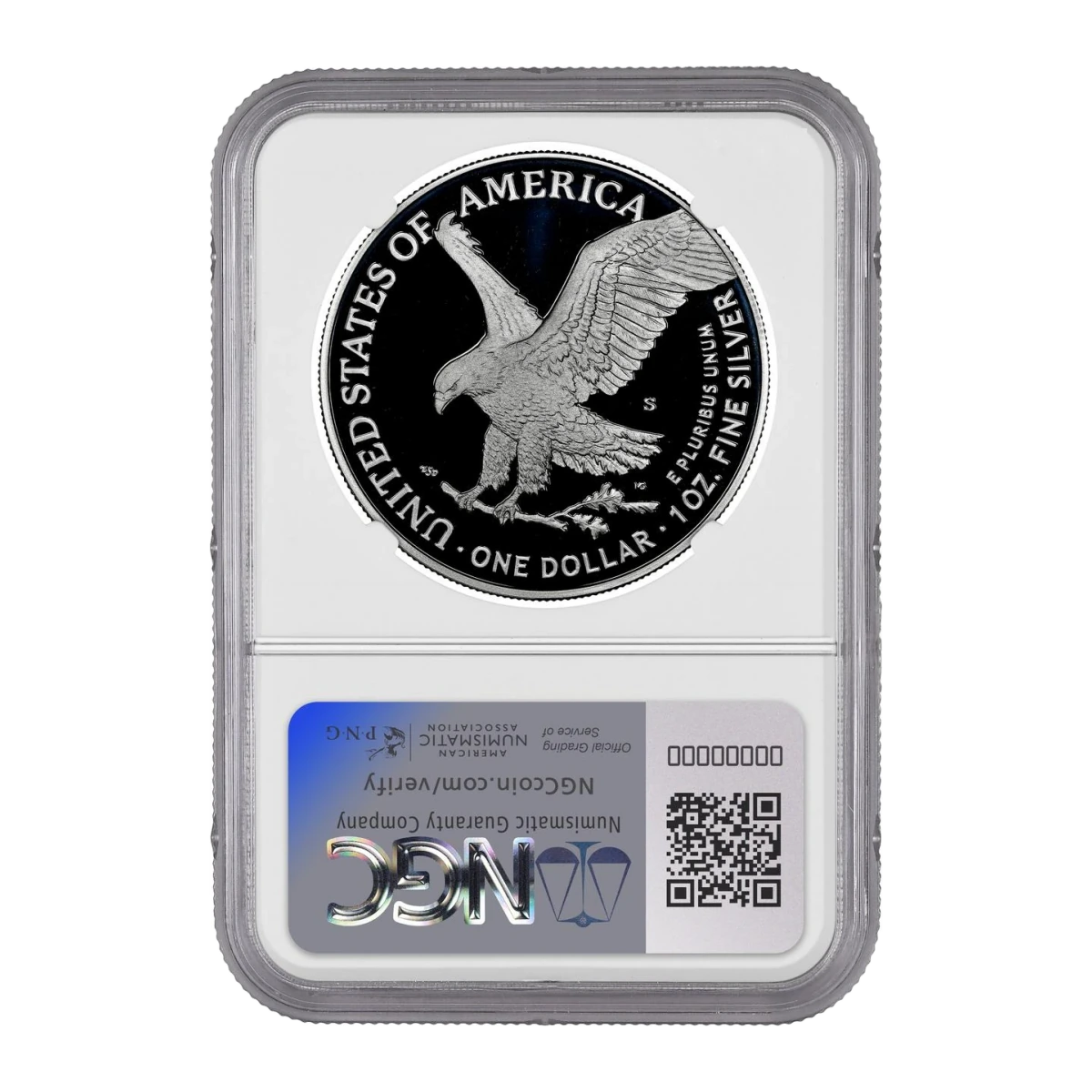 2021-S American Eagle One Ounce Silver Proof Coin (Type 2) — Proof 70 — reverse of the holder, representative image