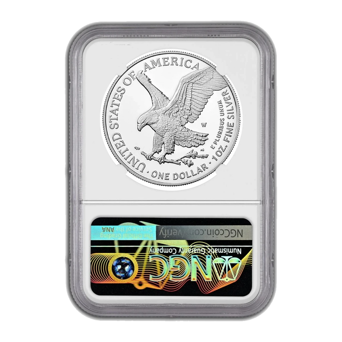 2022-W American Eagle One Ounce Silver Proof Coin (Type 2) — Proof 70 — reverse of the holder, representative image