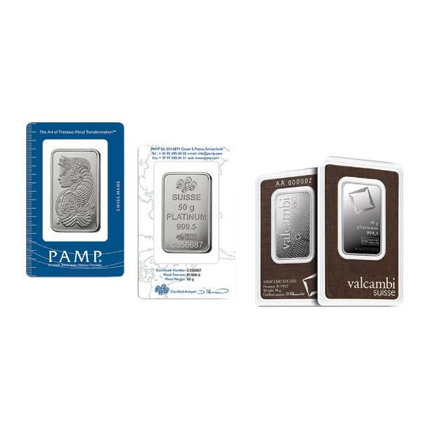 50 Gram Platinum Bar — Brand Varies (In Assay) — representative image